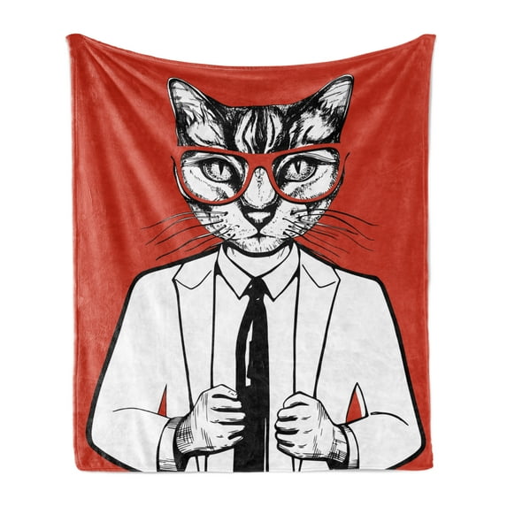 Hipster Soft Flannel Fleece Throw Blanket, Funny Vintage Sketch of Businessman Cat with Glasses and Suit, Cozy Plush for Indoor and Outdoor Use, 60" x 80", Vermilion Charcoal Grey, by Ambesonne