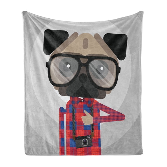 Hipster Soft Flannel Fleece Throw Blanket, Graphic Design of a Photographer Pug Dog in a Shirt with Glasses and Old Camera, Cozy Plush for Indoor and Outdoor Use, 50" x 60", Multicolor, by Ambesonne