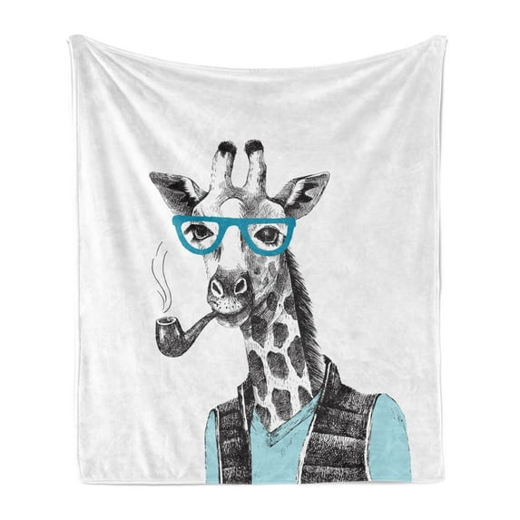 Hipster Soft Flannel Fleece Throw Blanket, Hand Drawn Funny Giraffe with Glasses Vest Vintage Mono Colored Illustration, Cozy Plush for Indoor and Outdoor Use, 50" x 70", Blue Grey, by Ambesonne
