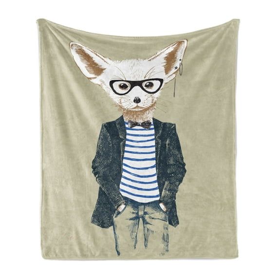 Hipster Soft Flannel Fleece Throw Blanket, Hilarious Sketch of Cool Posed Animal with a Blazer Modern Theme, Cozy Plush for Indoor and Outdoor Use, 70" x 90", Pale Khaki and Multicolor, by Ambesonne