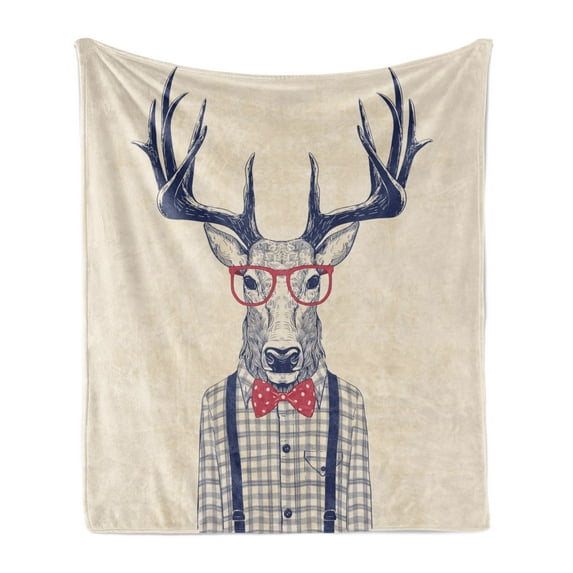Hipster Soft Flannel Fleece Throw Blanket, Humorous Portrait of Deer with Jazz Polka Dotted Bow and Shirt, Cozy Plush for Indoor and Outdoor Use, 50" x 60", Indigo Dark Coral, by Ambesonne