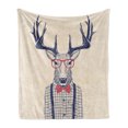 thumbnail image 1 of Hipster Soft Flannel Fleece Throw Blanket, Humorous Portrait of Deer with Jazz Polka Dotted Bow and Shirt, Cozy Plush for Indoor and Outdoor Use, 50" x 70", Indigo Dark Coral, by Ambesonne, 1 of 5