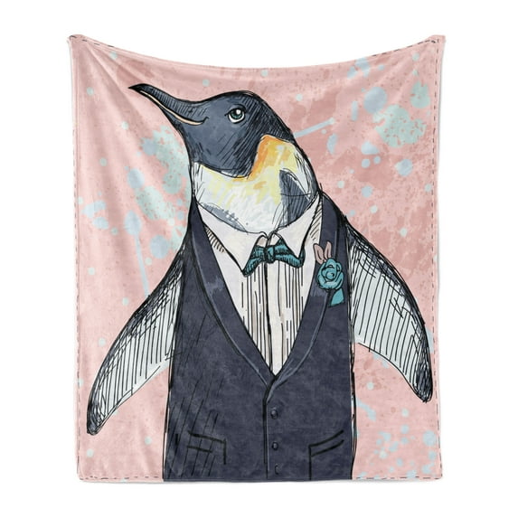 Hipster Soft Flannel Fleece Throw Blanket, Illustration of Funny Gentleman Penguin Dressed in Retro Style on Color Splashes, Cozy Plush for Indoor and Outdoor Use, 60" x 80", Multicolor, by Ambesonne