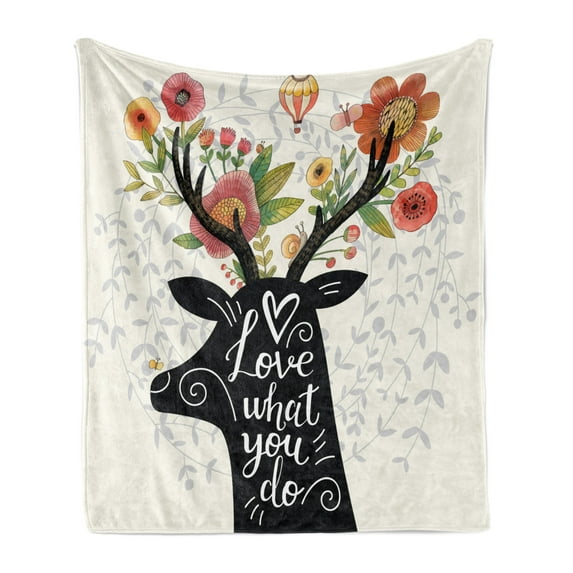 Hipster Soft Flannel Fleece Throw Blanket, Love What You Do Words on a Deer Elk Head with Flowers Horns and Hot Air Balloon, Cozy Plush for Indoor and Outdoor Use, 60" x 80", Multicolor, by Ambesonne