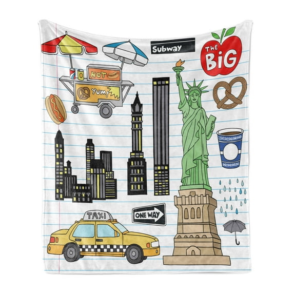 Hipster Soft Flannel Fleece Throw Blanket, New York City Manhattan of Liberty Big Apple Hot Dog Stand Sketch Style, Cozy Plush for Indoor and Outdoor Use, 60" x 80", Multicolor, by Ambesonne