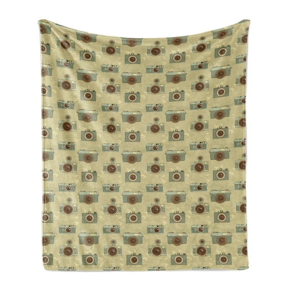 Hipster Soft Flannel Fleece Throw Blanket, Old Style Cameras on a Grungy Background Antique Retro Equipment, Cozy Plush for Indoor and Outdoor Use, 70" x 90", Reseda Green Sand Brown, by Ambesonne