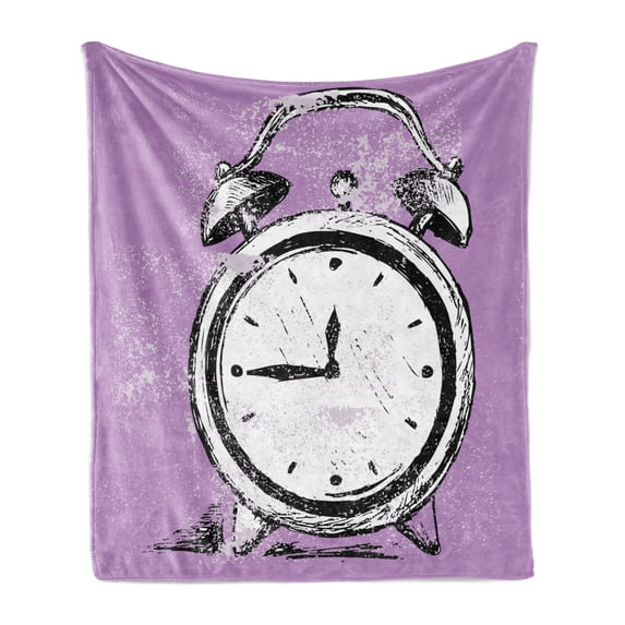 Hipster Soft Flannel Fleece Throw Blanket, Retro Alarm Clock with Grunge Effects Classic Vintage Sleep Graphic, Cozy Plush for Indoor and Outdoor Use, 70" x 90", Purple White Black, by Ambesonne