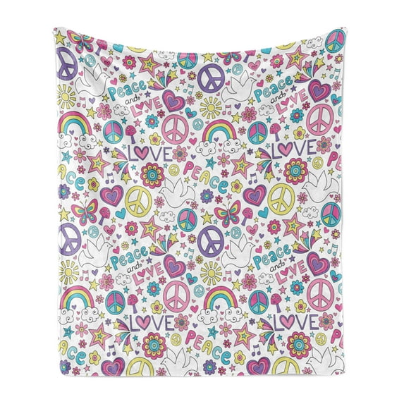 Hipster Soft Flannel Fleece Throw Blanket, Retros of Sixties Peace Magic Mushroom Love Stars and Hearts Hippie Music, Cozy Plush for Indoor and Outdoor Use, 60" x 80", Multicolor, by Ambesonne
