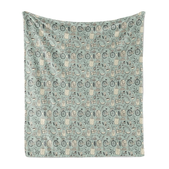 Hipster Soft Flannel Fleece Throw Blanket, Summer Mood Illustration with Flowers Bicycle Backpack and Food, Cozy Plush for Indoor and Outdoor Use, 50" x 60", Pale Almond Green Cream, by Ambesonne