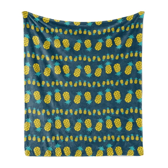 Hipster Soft Flannel Fleece Throw Blanket, Tropical Pineapples Illustration in Geometric Exotic Flat Style Art, Cozy Plush for Indoor and Outdoor Use, 50" x 70", Yellow and Petrol Blue, by Ambesonne
