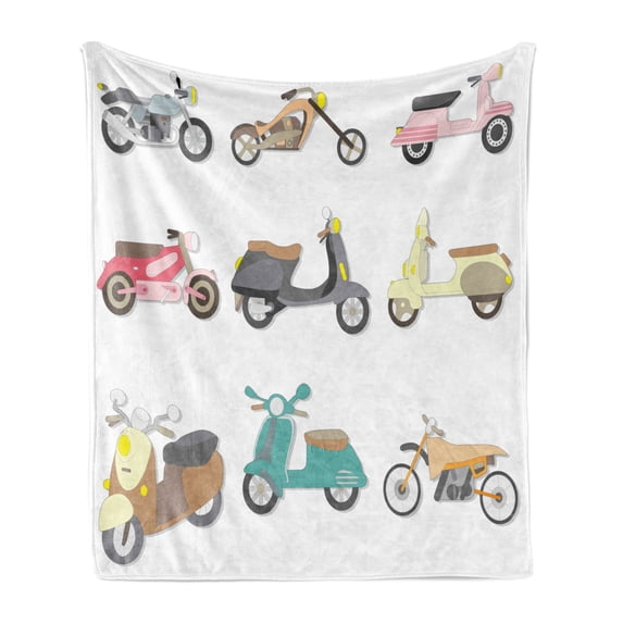 Hipster Soft Flannel Fleece Throw Blanket, Variety of Scooters in and Pleasant Design Bike Riding Wheels Transportation, Cozy Plush for Indoor and Outdoor Use, 70" x 90", Multicolor, by Ambesonne
