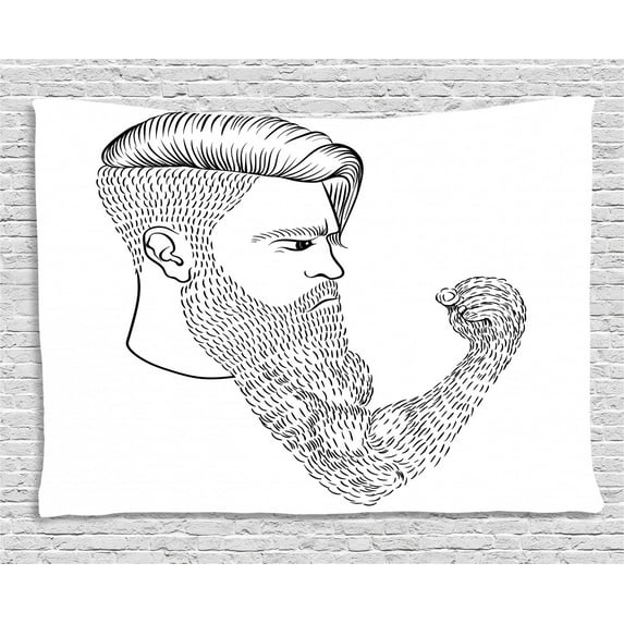 Hipster Tapestry, Serious Man with Long Beard in the Form of a Fist Male Strength and Style, Wall Hanging for Bedroom Living Room Dorm Decor, 60W X 40L Inches, Black and White, by Ambesonne