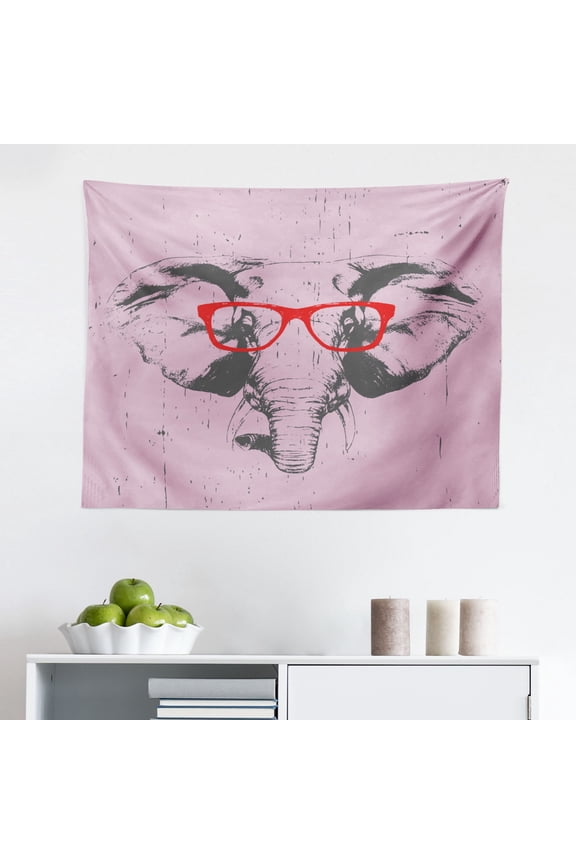 Hipster Tapestry, Whimsical Grunge Portrait of a Polar Bear with Glasses, Fabric Wall Hanging Decor for Bedroom Living Room Dorm, 2 Sizes, Ceil Blue Vermilion, by Ambesonne