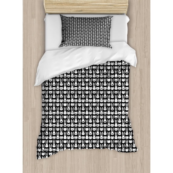 Hipster Twin Size Duvet Cover Set, Retro Rabbit and Cat Faces with Mustache and Eyeglasses Intellectual Gentlemen, Decorative 2 Piece Bedding Set with 1 Pillow Sham, Black and White, by Ambesonne