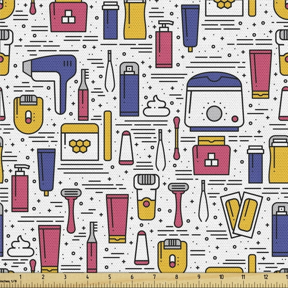 Ambesonne Hipster Fabric by the Yard Upholstery, Colorful Body Care Tools, 10 Yards, White and Multicolor