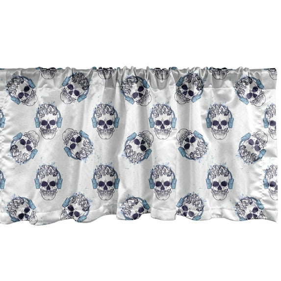 Ambesonne Hipster Valance Pack of 2, Skull with Headphones, 54"X12", Indigo Pale Sky Blue