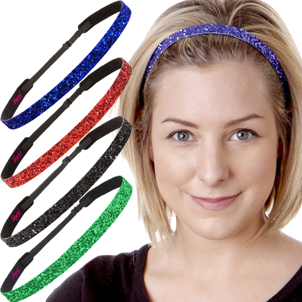 Hipsy Adjustable Non Slip Skinny Bling Glitter Headbands for Women Girls Teens 5 Pack Purple Green Black Red Royal