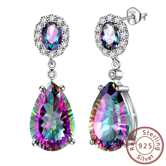 Juwaliy 10CT Teardrop Dangle Earrings Women Rainbow Mystic Topaz Stud Earring 925 Sterling Silver Jewelry Birthday Christmas Mother's Day Gift for Her