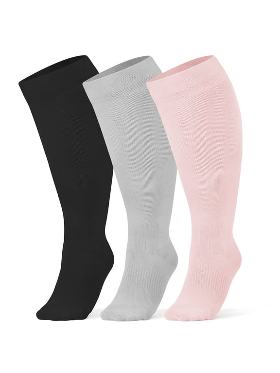 Bamboo Viscose Plus Size Compression Socks for Women Men Wide Calf 10-14 mmHg Circulation Knee High Support Stockings blackgreypink XL/2XL