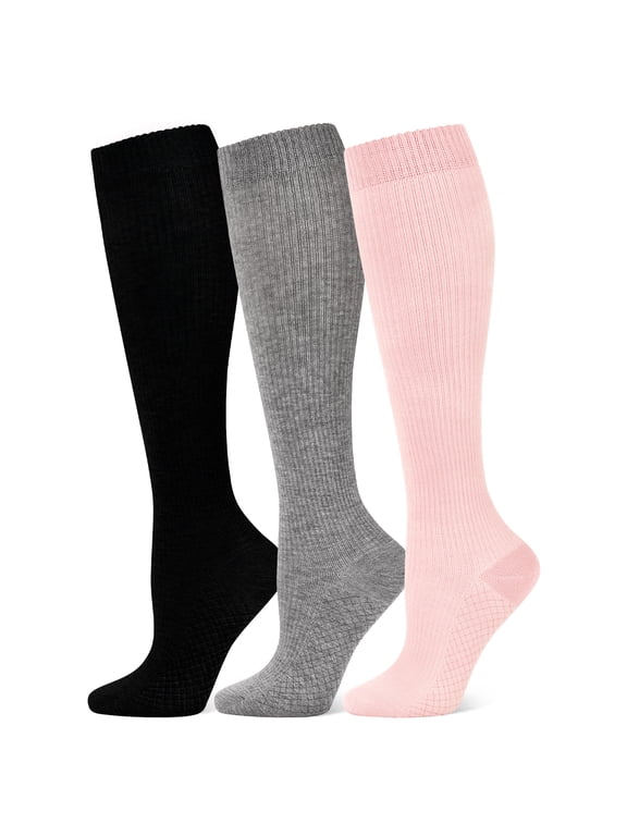 Cotton Compression Socks for Women Men 8-15 mmHg Soft Mild Knee High Wide Calf Support Stockings for Nurse Travel Pregnancy blackgreypink S/M