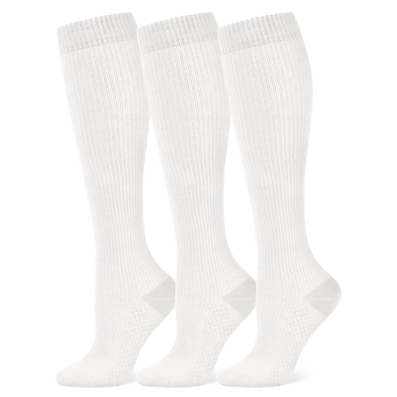 Hipuroga Cotton Compression Socks for Women Men 8-15 mmHg Soft Mild Knee High Wide Calf Support Stockings for Nurse Travel Pregnancy 3white L/XL