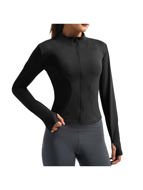 Womens Lightweight Cropped Workout Jackets Zip Up Slim Fit Yoga Jacket with Thumb Holes for Athletic Running Black L