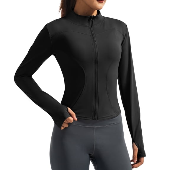 Hipuroga Womens Lightweight Cropped Workout Jackets Zip Up Slim Fit Yoga Jacket with Thumb Holes for Athletic Running Black M