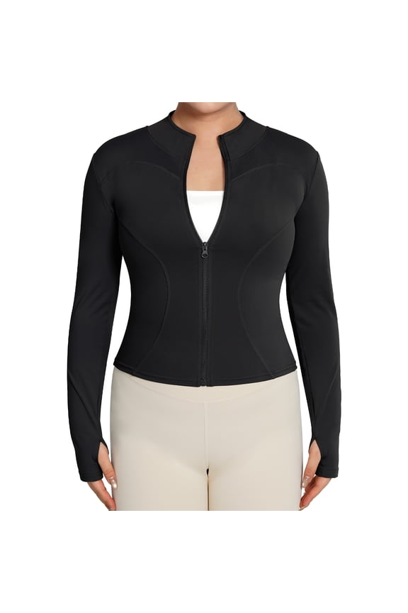 Womens Lightweight Cropped Workout Jackets Zip Up Slim Fit Yoga Jacket with Thumb Holes for Athletic Running Black S