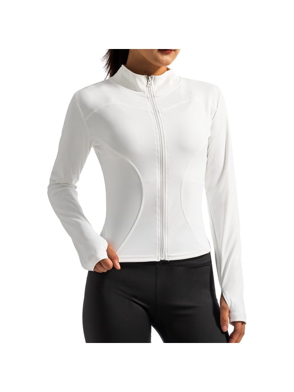 Womens Lightweight Cropped Workout Jackets Zip Up Slim Fit Yoga Jacket with Thumb Holes for Athletic Running White L