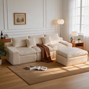 HipyMo 105" Corduroy Cloud Sofa, Modular L Shaped Couch with Deep Seat, No Assembly Boneless Sofa for Living Room, Apartment, Office, Beige