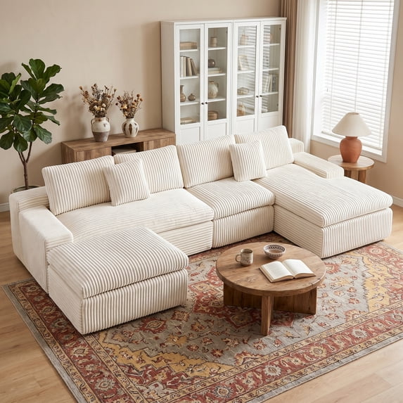 HipyMo 134" U-Shaped Cloud Sofa, Compression Boneless Sectional Sofa Couch for Guest Room Living Room, No Assembly, Beige