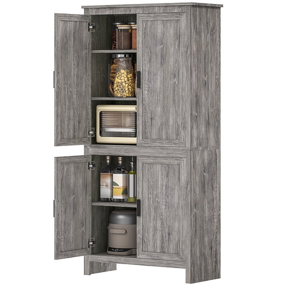 HipyMo 64" 4-Door Kitchen Pantry, Freestanding Storage Cabinet with 3 Adjustable Shelves for Kitchen, Gray Oak