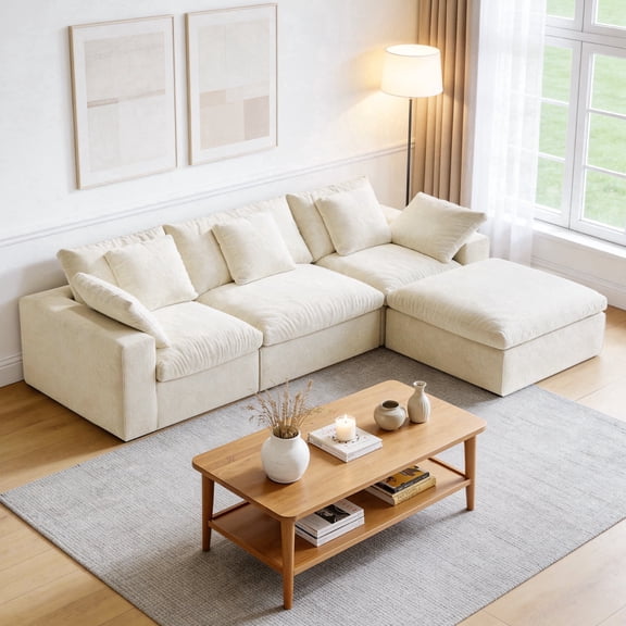 HipyMo 120" Modular L Shaped Couch Sofa with Deep Seat, No Assembly Boneless Sofa for Living Room, Apartment, Office, Beige