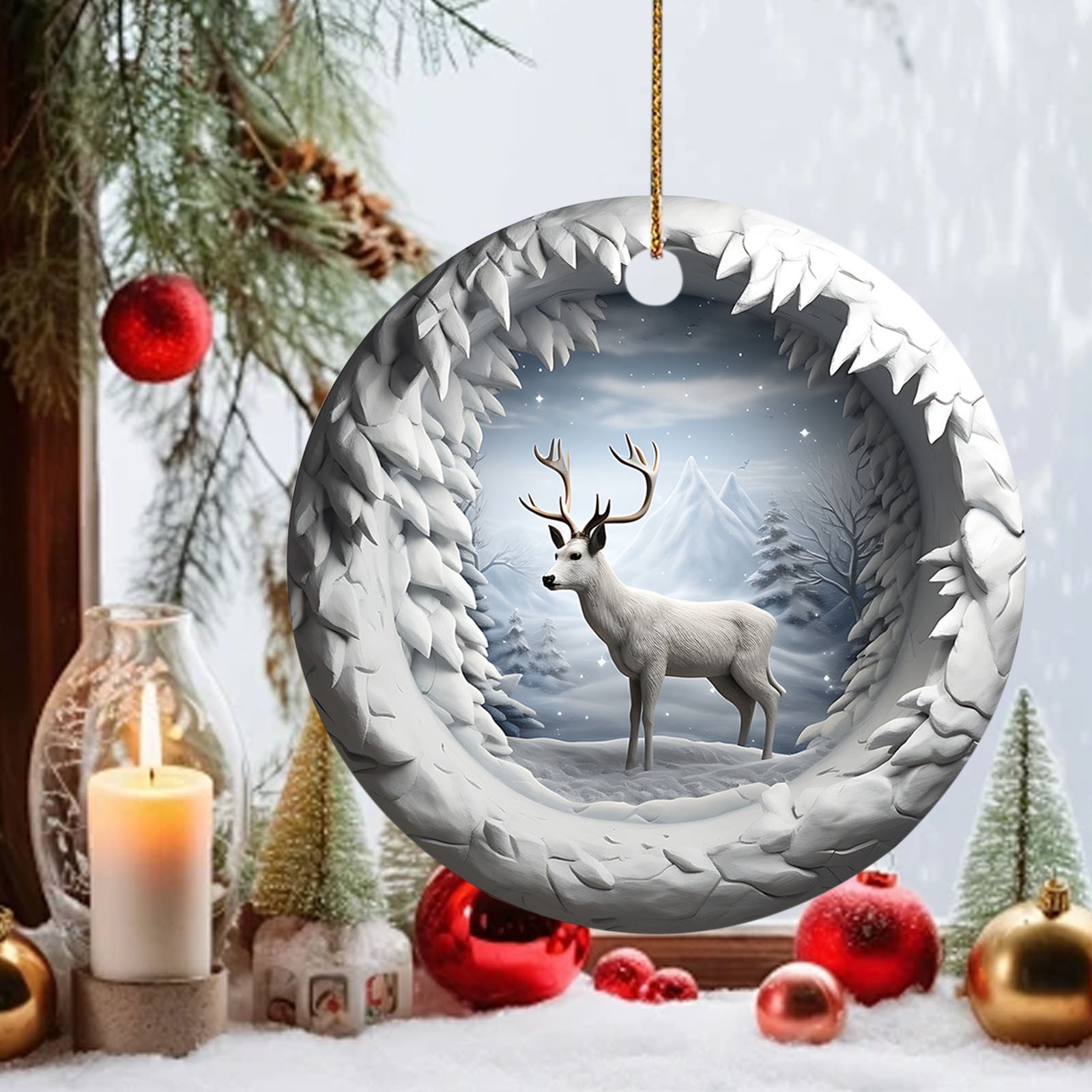 Hiqote Round Acrylic Christmas Decorations Reindeer Hanging Sign