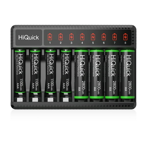 Hiquick 4 AA Battery and 4 AAA Battery, Nimh/Nicd Rechargeable Batteries, 8 Charging Battery Charger with LCD Display