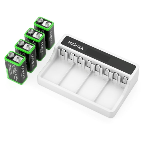 Hiquick Battery Charger with 4 x 9V Rechargeable Batteries, 280mAh Ni-Mh Batteries, 4 Charging Space with LCD Display