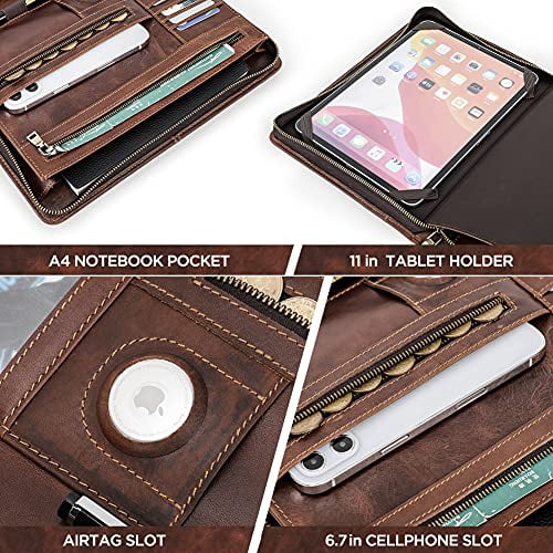 Hiram Genuine Leather Travel Portfolio - Fits IPad Air 4 10.9 Inch, Zippered Leather Journal Holder, Business Organizer