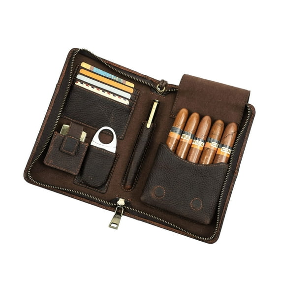 Hiram Cigar Humidor Leather Business Cigars Box Travel 5 Finger Cigars Clutch Organizer with Cigar Cutter Slot Lighter Slot,coffee