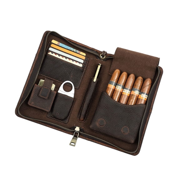 Hiram Cigar Humidor Leather Business Cigars Box Travel 5 Finger Cigars Clutch Organizer with Cigar Cutter Slot Lighter Slot,coffee