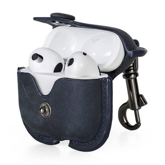 Hiram Crazy Horse Cowhide Leather Portable Travel Case for 3rd Gen AirPods, Headphone Case (Blue)
