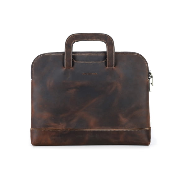 Hiram Crazy Horse Leather 13.3 inch Laptop Briefcase for Men, with Retractable Handle and Phone Pocket, Coffee