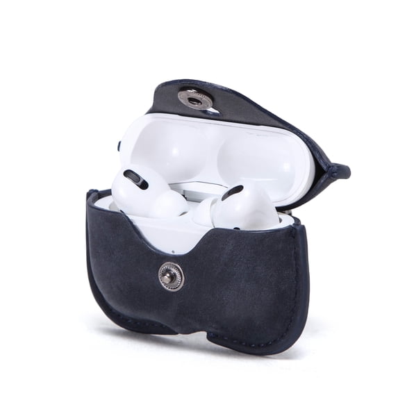 Hiram Crazy Horse Leather AirPods Pro Case, Wireless Charging Case with Metal Hook, Blue