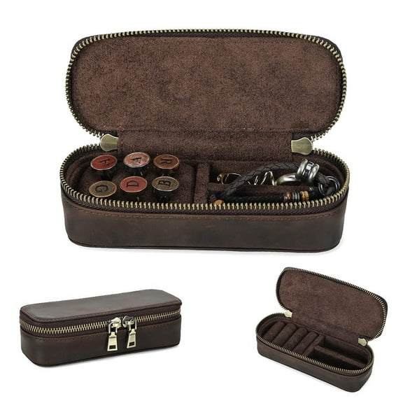 Hiram Crazy Horse Leather Cufflink Box for Men Travel Jewelry Storage Case Small Jewelry Organizer Padded Tray for Cufflinks Rings Earrings Studs
