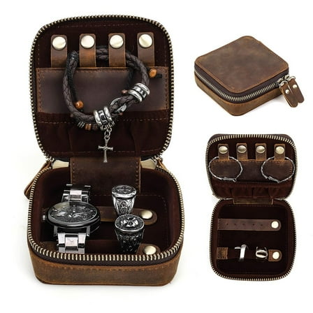 Hiram Crazy Horse Leather Travel Jewelry Case Small Jewelry Box Travel Organizer for Rings, Necklaces, Earrings Watches Storage Case (Dark Brown)