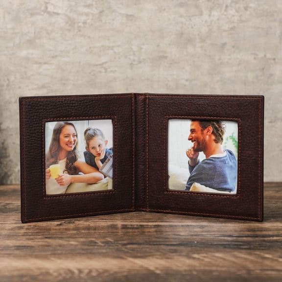 Hiram Fold-Out 3.2'*3.1" Double Photo Frame, Genuine Leather Cute Standing Desktop Picture Frame, Valentine Gift,Coffee
