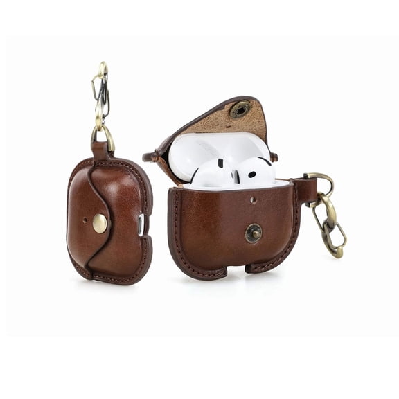 Hiram Leather AirPods 4 Case Cover, AirPods 4 (2024) Bluetooth Wireless Charging Earbuds Case with a metal Hook and Metal Snap , Coffee