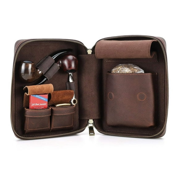 Hiram Full Grain Leather Travel Storage Organizer Box Pouch Case for 2 Pipes , passport and phone holder case, pipe case