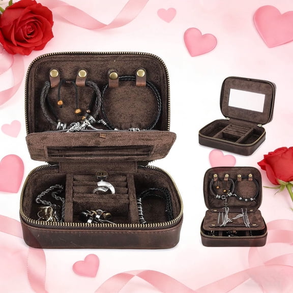 Hiram Genuine Leather Jewelry Box for Men, Rectangular Zipper  Travel Jewelry  Storage Case with Mirror,Valentine Gift, Coffee