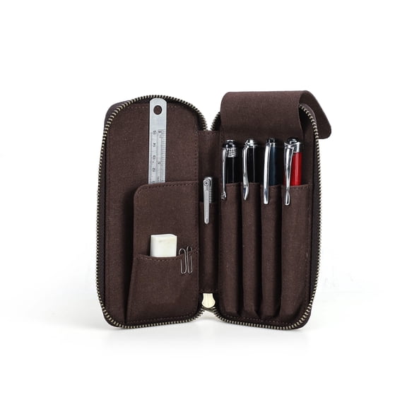 Hiram Genuine Leather Pencil Case with 4 Slots, Handmade Multifunctional Zipper Fountain Pen Bag, Student Stationery Pen Box (Coffee)