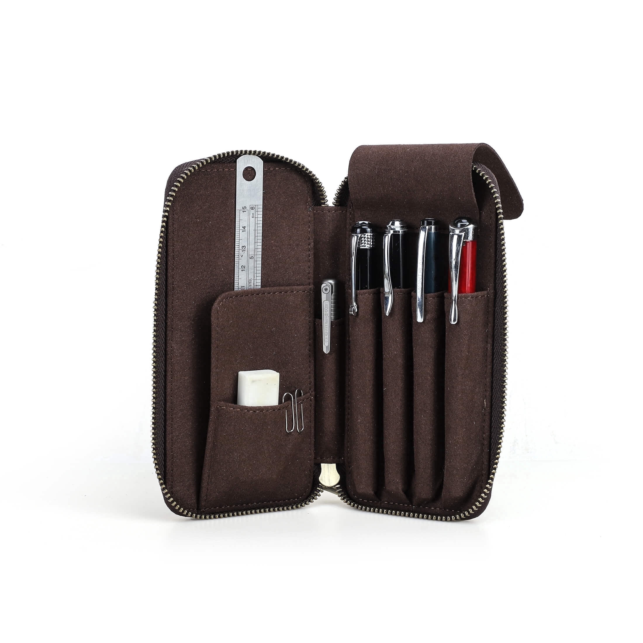 Hiram Genuine Leather Pencil Case with 4 Slots, Handmade Multifunctional Zipper Fountain Pen Bag, Student Stationery Pen Box (Coffee)